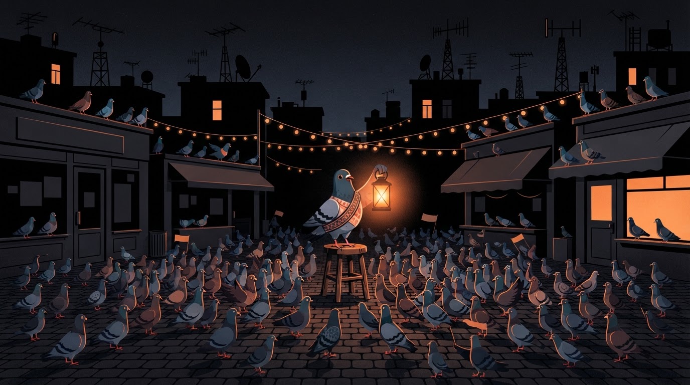 A pigeon in a moderator's sash holding up a shared lantern in a night town square, surrounded by a crowd of pigeons drawn toward the light