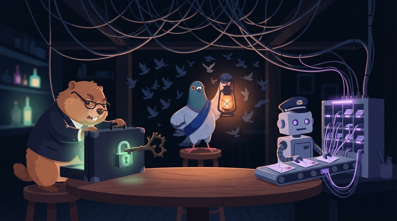 A marmot in a suit with a padlocked briefcase, a pigeon holding up a shared lantern for a crowd, and a robot routing sealed envelopes at a switchboard, all at a speakeasy table connected by relay antenna lines