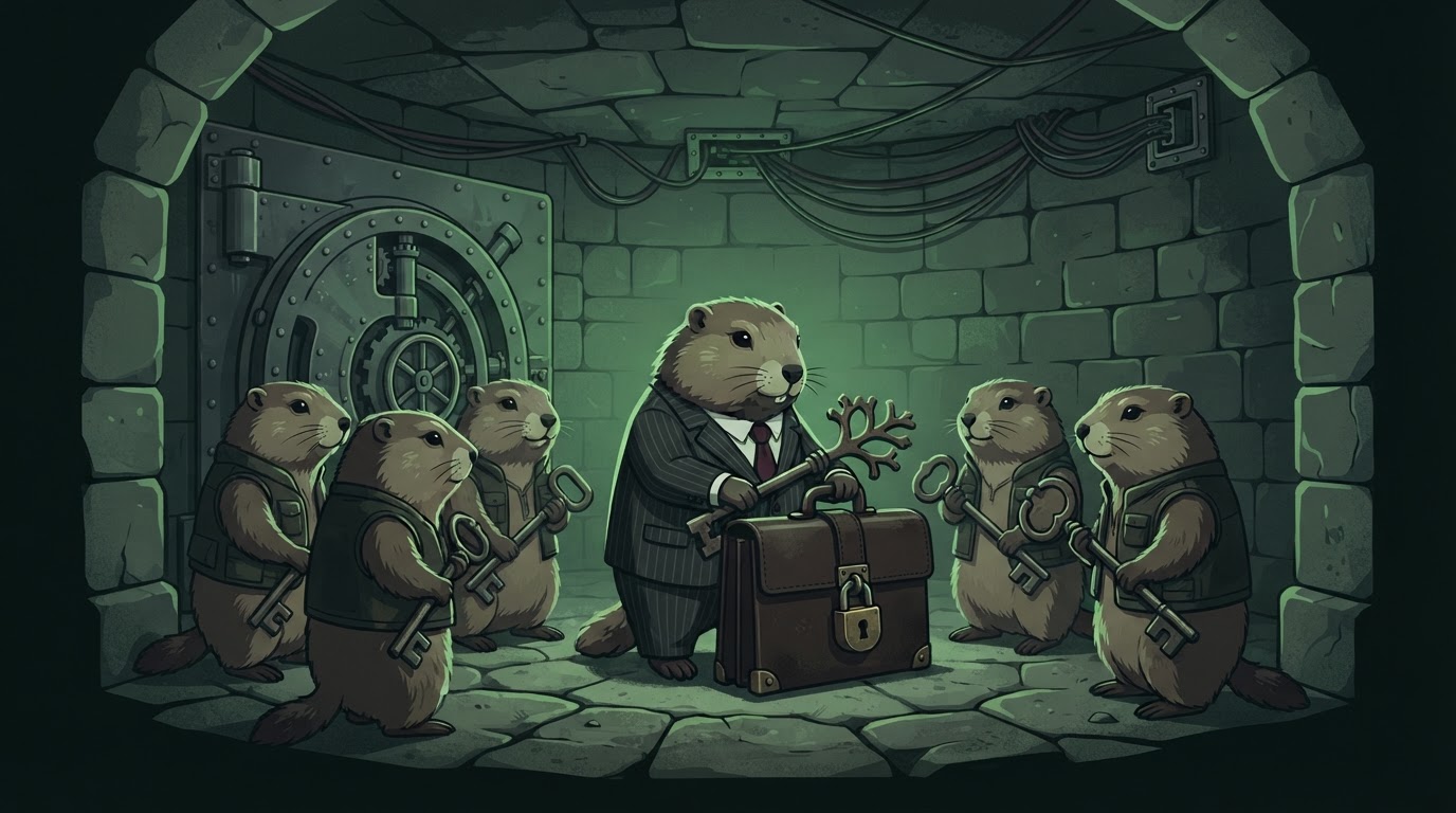 A marmot in a suit ratcheting a padlocked briefcase shut with a key shaped like a branching tree, surrounded by other marmots holding keys in a dimly lit stone vault