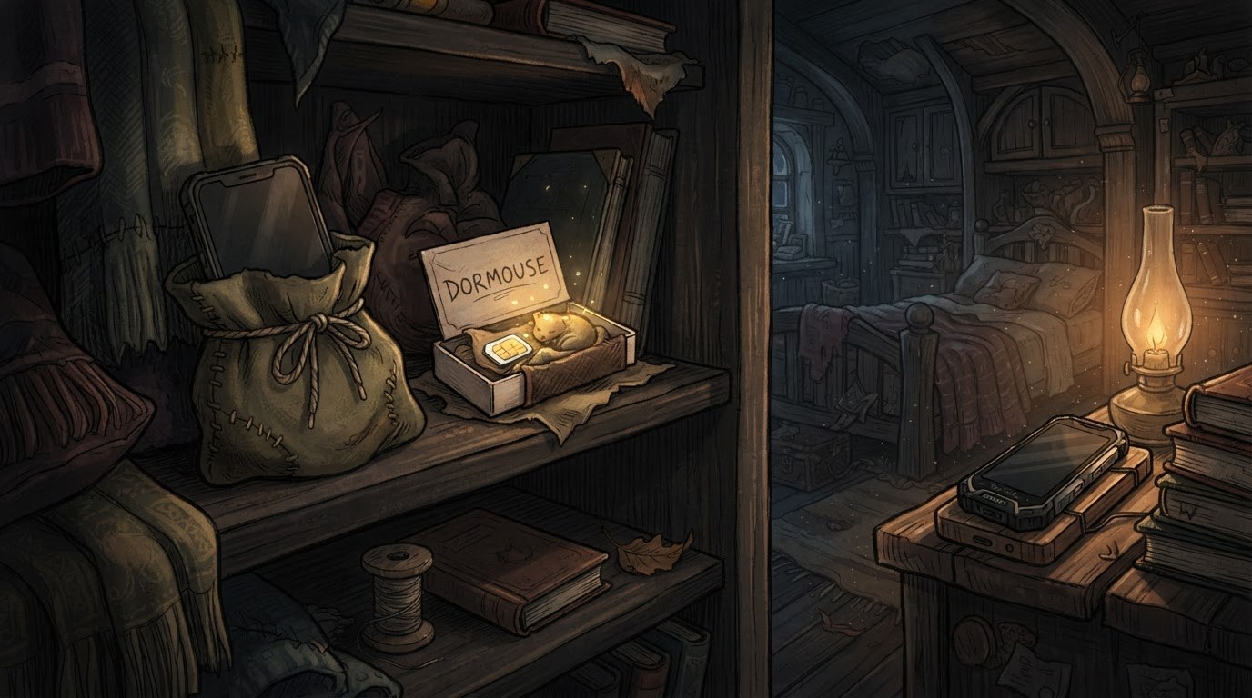 A second plain phone hibernating inside a cloth pouch on a closet shelf, its tiny SIM card sleeping beside it in a matchbox like a hibernating dormouse, while the main phone sleeps separately across the room