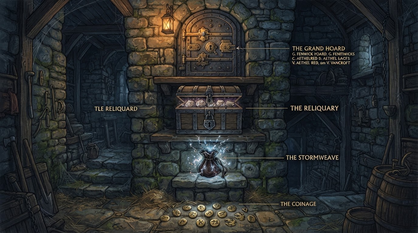 A stone tower interior with holdings arranged in tiers: a grand vault door with three different locks at the top, a padlocked chest with dice below it, a pouch crackling with tiny lightning bolts under that, and a scattered handful of small brass tokens at the base