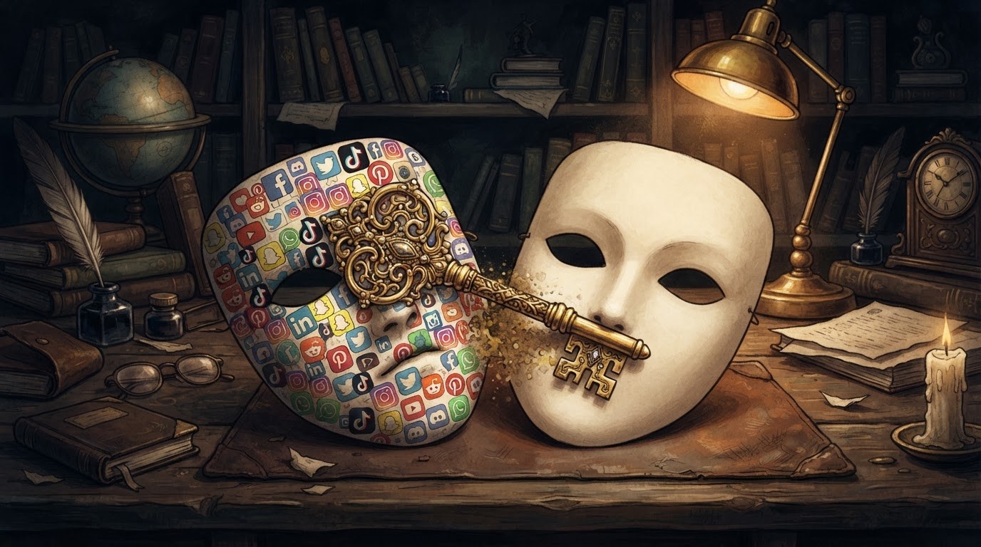 A glowing ornate golden key on a scholar's desk fusing two paper masks together — one crowded with social-media icons, the other plain and anonymous — under a single desk lamp