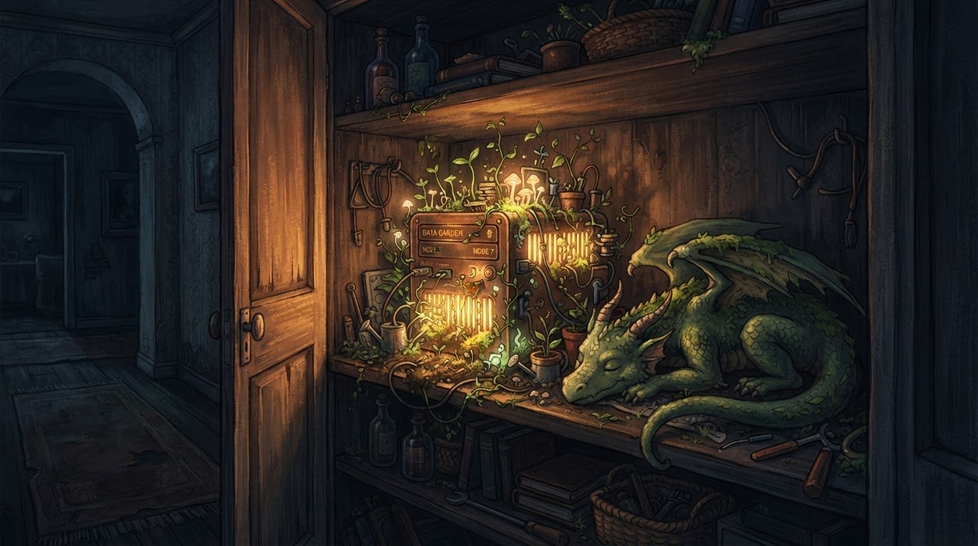 A small glowing server on a closet shelf tended like a garden, tiny green sprouts growing from its vents, a content little dragon curled around the shelf guarding it