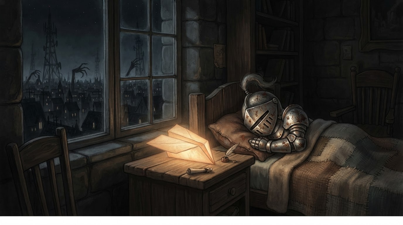 A phone in a suit of medieval armor sleeping peacefully beside a glowing paper airplane nightlight, while grasping hands reach over a dark city skyline outside the window and find no signal