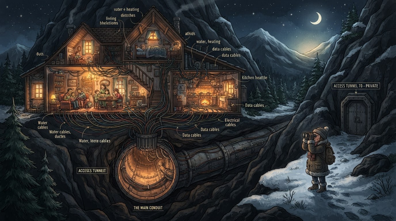 A cozy cross-section house at night where every pipe and wire funnels into one thick shielded tunnel running under a mountain, while a figure with binoculars outside sees only a single locked entrance